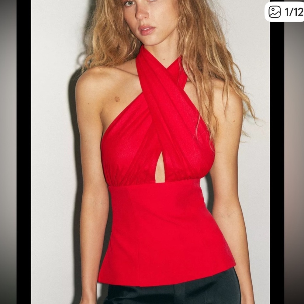 Zara Red Cross Cross Front Halter Top Silk Mesh Backless low cut top